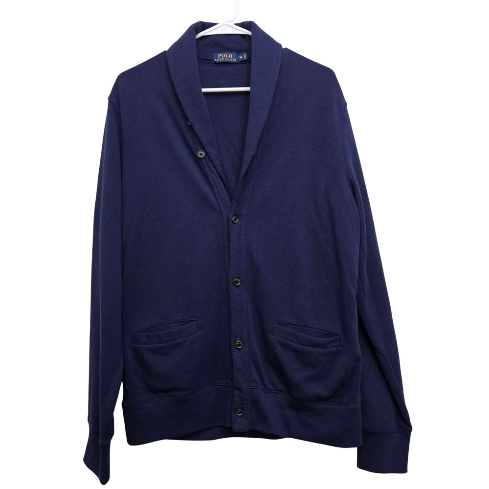 Polo Ralph Lauren Cardigan Men Medium Navy Blue Shawl Collar Cotton Knit Sweater